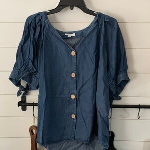 LC Lauren Conrad Denim Blue Blouse with Button Detail
